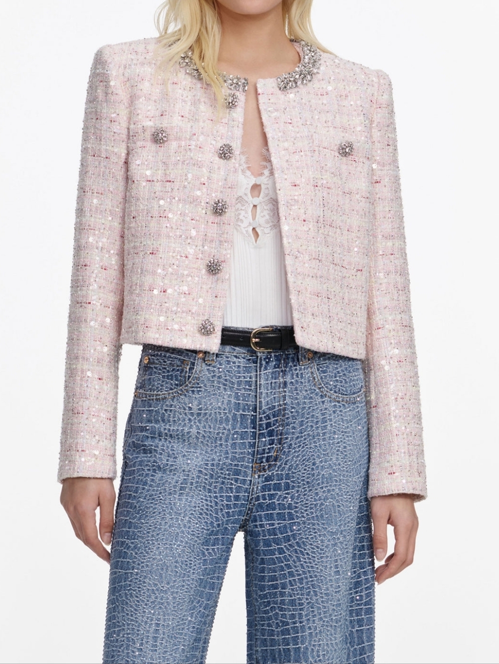 Self Portrait Pink Sequin Boucle Jacket